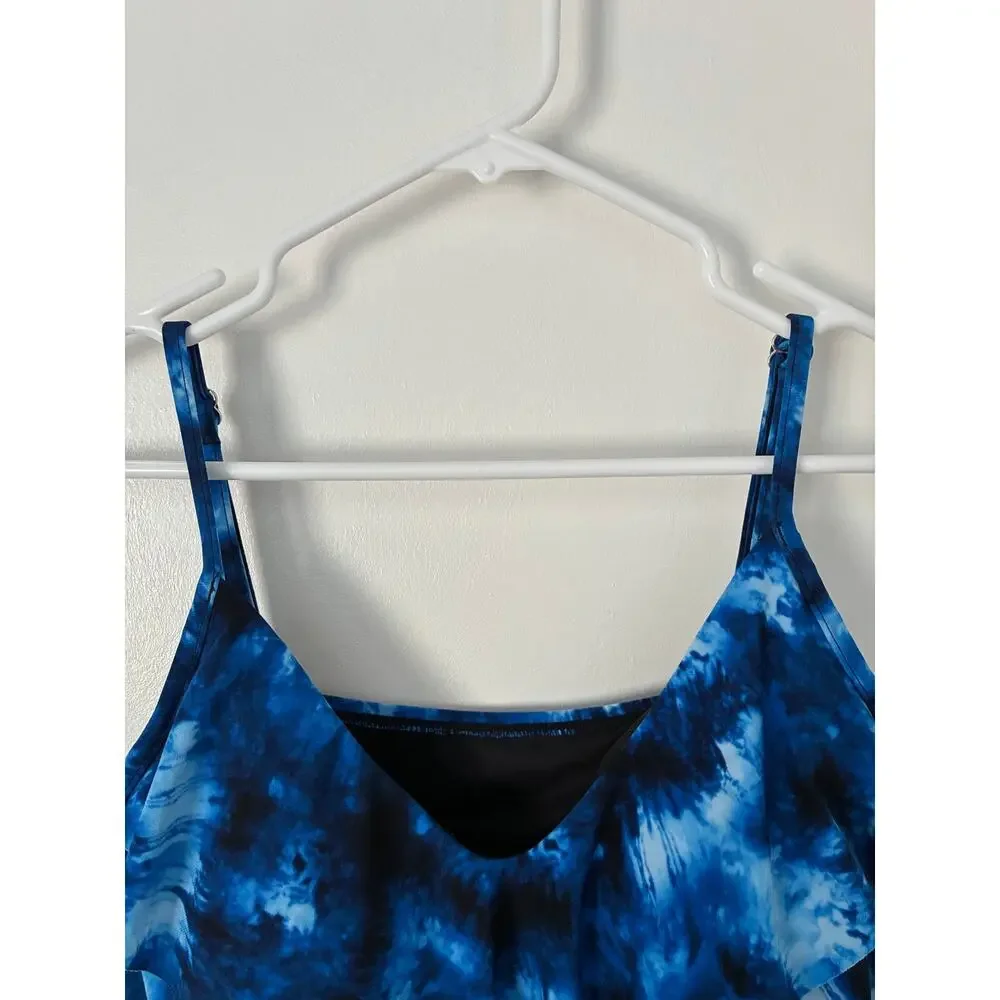 Aqua Green Blue Tie Dye Layered V-Neck Tankini Built In Shelf Bra Size L